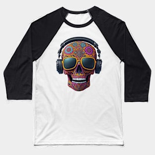 Funny Sugar Candy Skull With Headphones and Sun Glasses Baseball T-Shirt